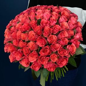 101 Ярко-Коралловая Роза Кения Премиум 40 см