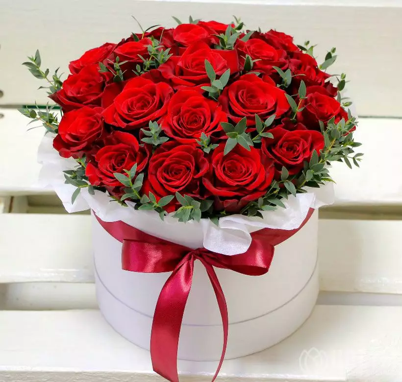 Букет 21 красная роза в шляпной коробке с зеленью №2