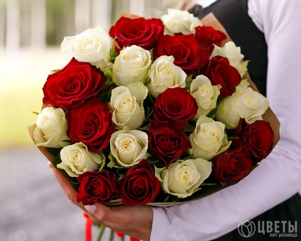 25 красных и белых роз Кения Премиум 40 см в упаковке №1