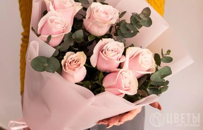 7 розовых роз 60 см с зеленью №1