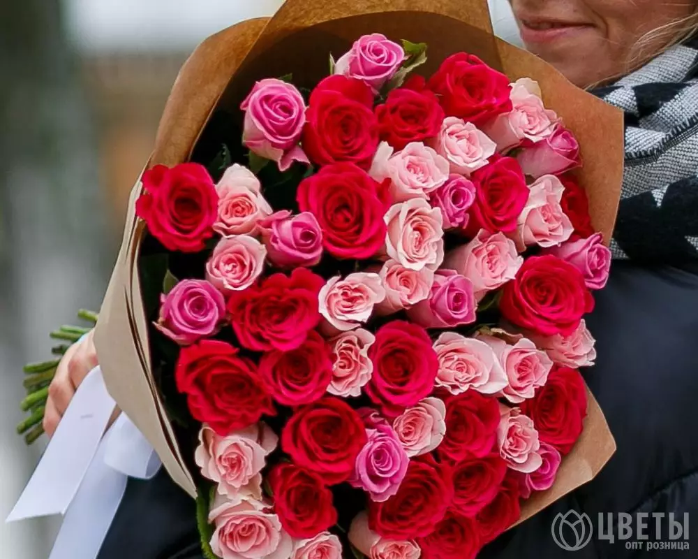 51 красной и розовой розы Кения Премиум 40 см в упаковке №1