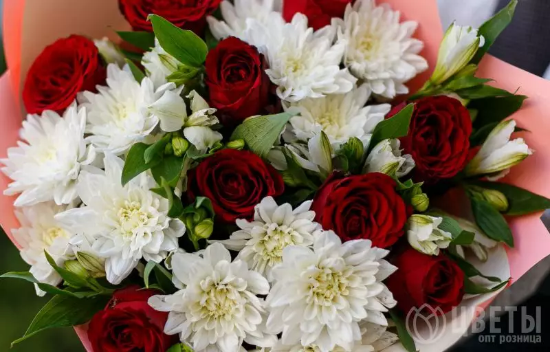 Букет из красных роз, кустовых хризантем, альстромерий в упаковке №1
