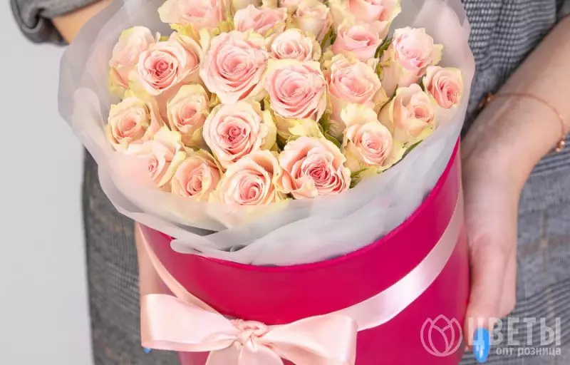 25 Нежно-Розовых Роз Кения в коробке №1