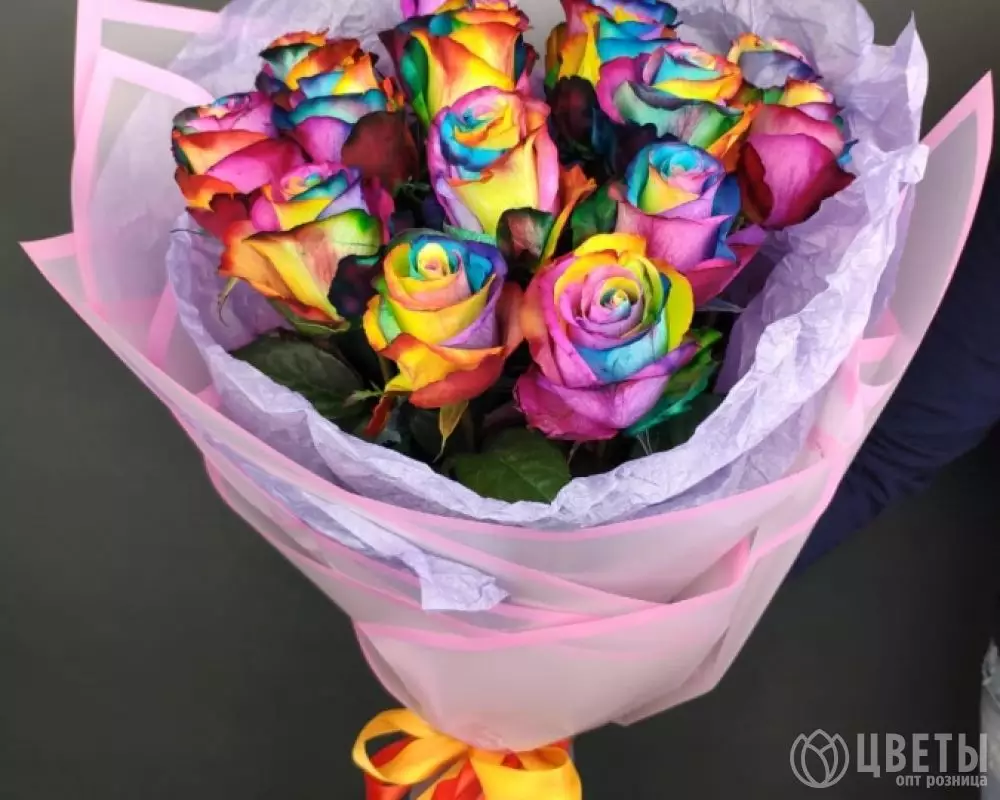 15 радужных роз в упаковке №1
