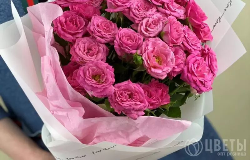 7 ярко-розовых кустовых роз в упаковке №1