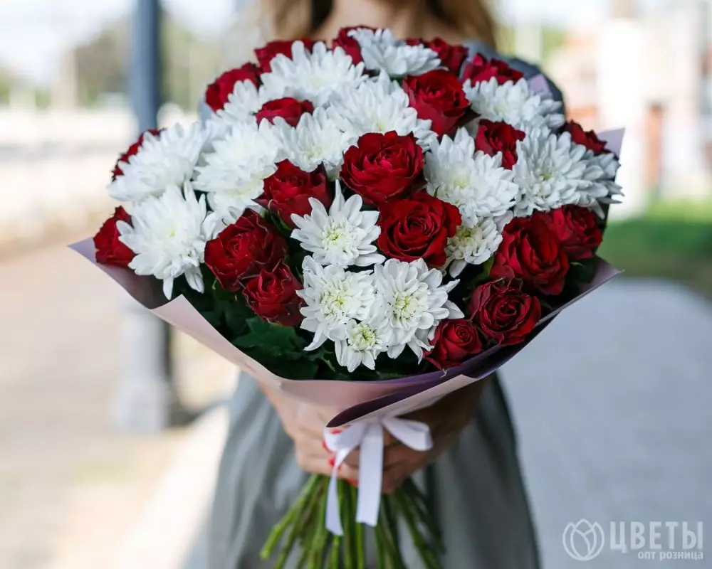 25 красных роз и 5 кустовых хризантем №2