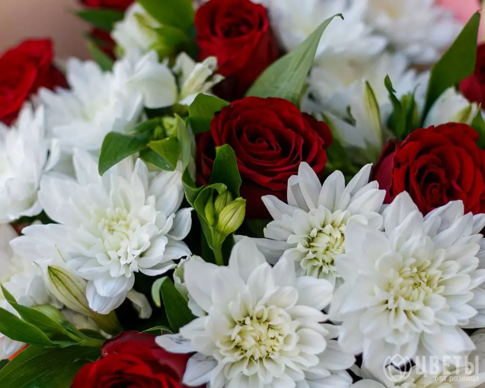 Букет из красных роз, кустовых хризантем, альстромерий в упаковке №3