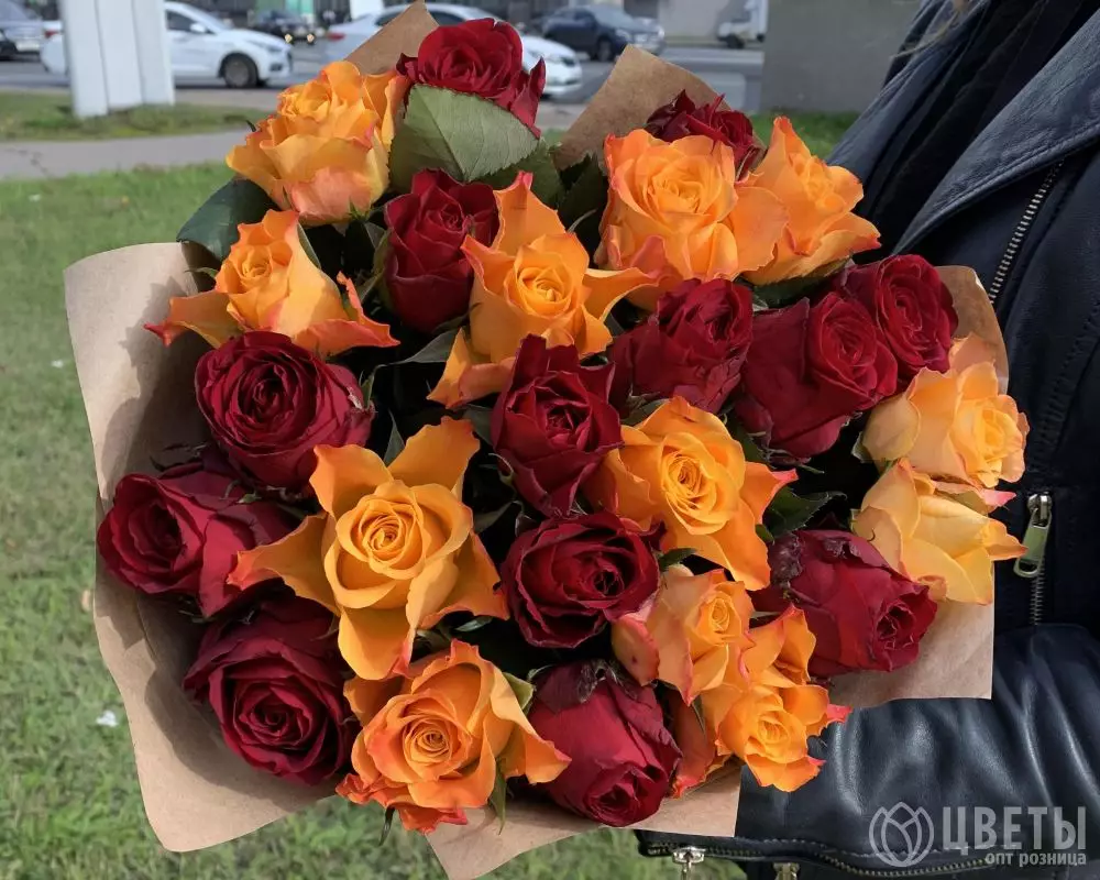 25 красных и оранжевых роз Кения 35-40 см в упаковке №3