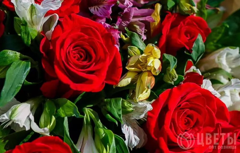 9 красных роз и 10 альстромерий №2